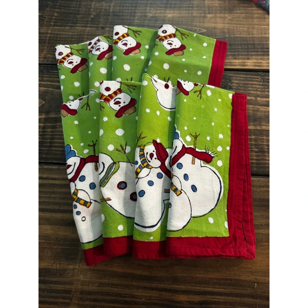 Plum Brook Napkins Unisex OS Green Excellent Snowman Hand Block Print Set of 8